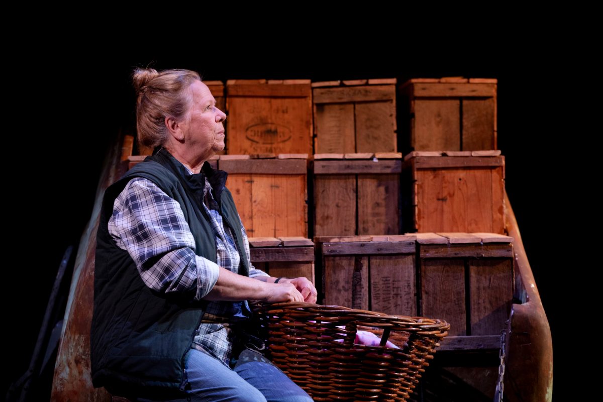 A woman with blonde hair in a bun, wearing a checked shirt and dark waistcoat, sits with a large wicker basket in her lap. Behind her, wooden crates are stacked against a dark background.