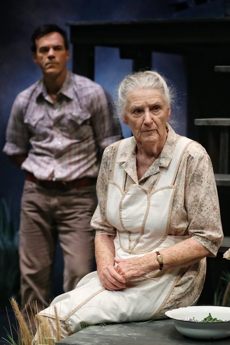 An elderly woman in a floral dress and white apron sits with her hands folded, looking serious, whilst a man in a checked shirt stands in the background with his hands behind his back. A bowl is on the table nearby.