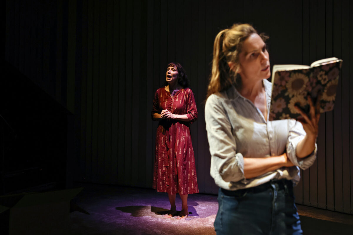 A woman in a red dress stands in a spotlight, singing or speaking emotionally, whilst another woman in the foreground, out of focus, reads from a floral notebook. The background is dimly lit.