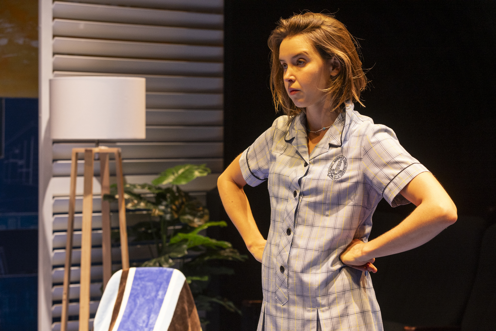 A woman in a light blue checked dress stands with her hands on her hips, looking to the side. She is indoors near a lamp, a plant, and a slatted wall. The lighting is warm and focused on her.