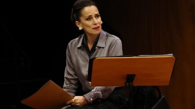 A woman with dark hair pulled back sits beside a music stand, holding a folder. She wears a grey blouse and dark skirt, looking slightly to the side with a serious expression. The background is dark and wooden.