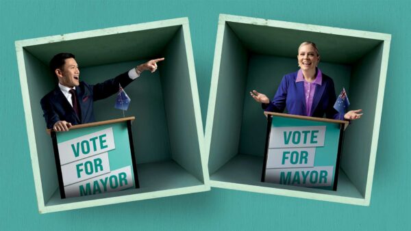 Shan-Ree Tan and Eloise Snape at lecterns having an election debate.